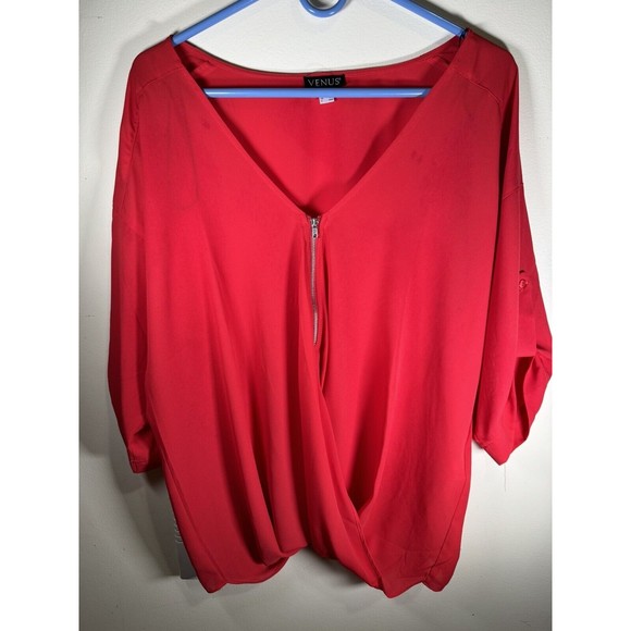 Venus Red Roll-Tab Top Blouse with Front Zippers - Size Medium - Women's Fashion - Picture 2 of 9